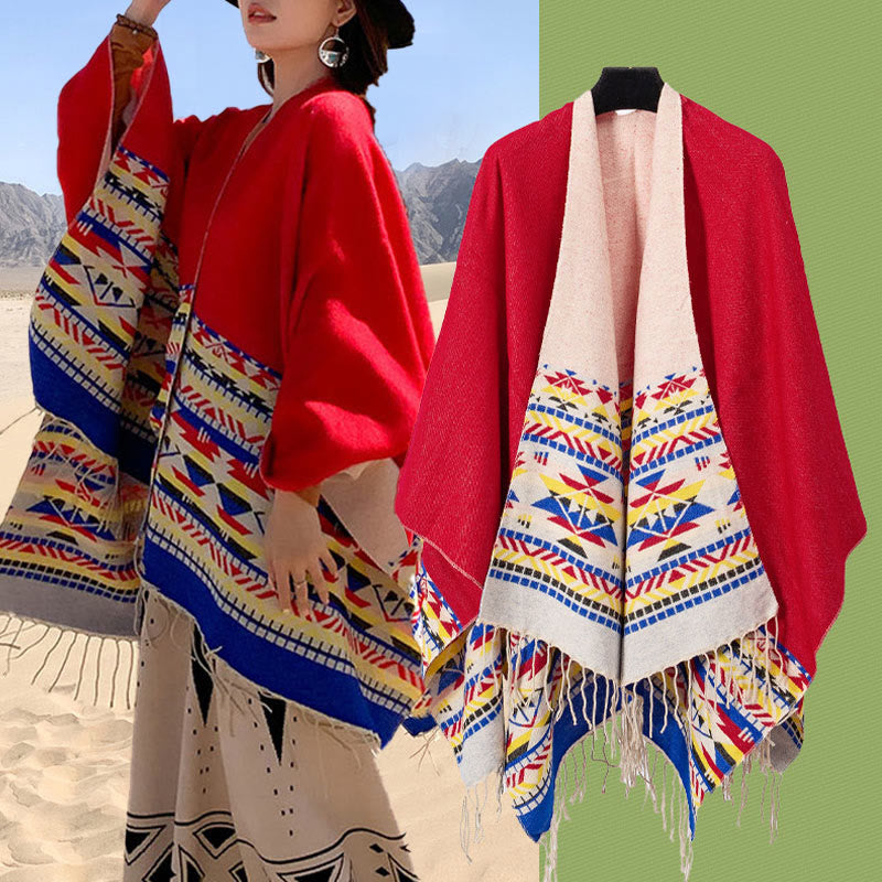 Buddha Stones Tybetański Geometryczny Wzór Rombów Chwosty Szal Jesień Zima Ciepły Przytulny Szalik Otulacz - image 32