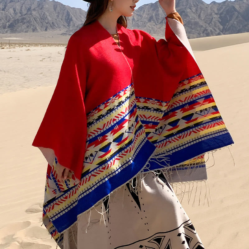 Buddha Stones Tybetański Geometryczny Wzór Rombów Chwosty Szal Jesień Zima Ciepły Przytulny Szalik Otulacz - Czerwony - 130*150 cm - image 29