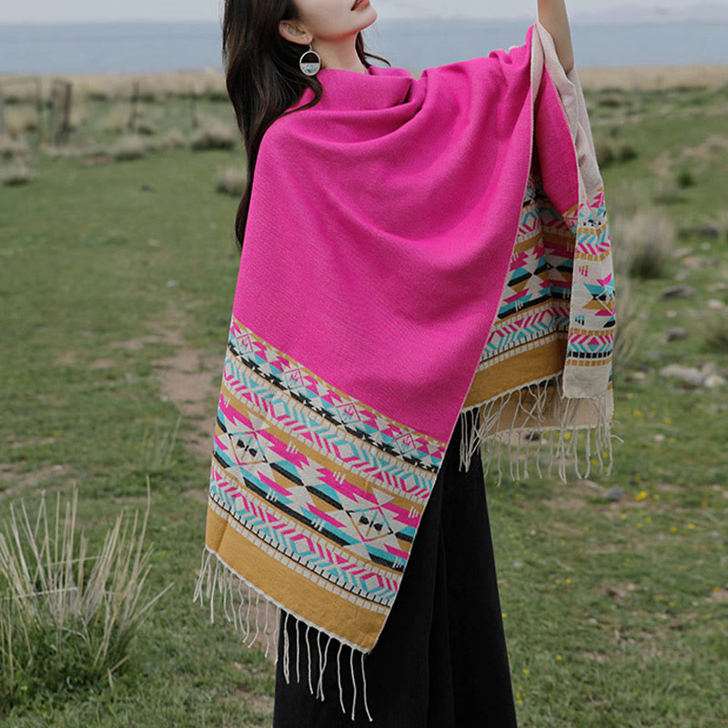 Buddha Stones Tybetański Geometryczny Wzór Rombów Chwosty Szal Jesień Zima Ciepły Przytulny Szalik Otulacz - image 42