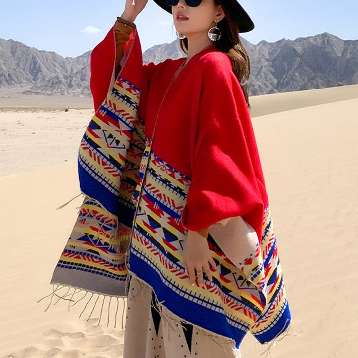 Buddha Stones Tybetański Geometryczny Wzór Rombów Chwosty Szal Jesień Zima Ciepły Przytulny Szalik Otulacz - image 31