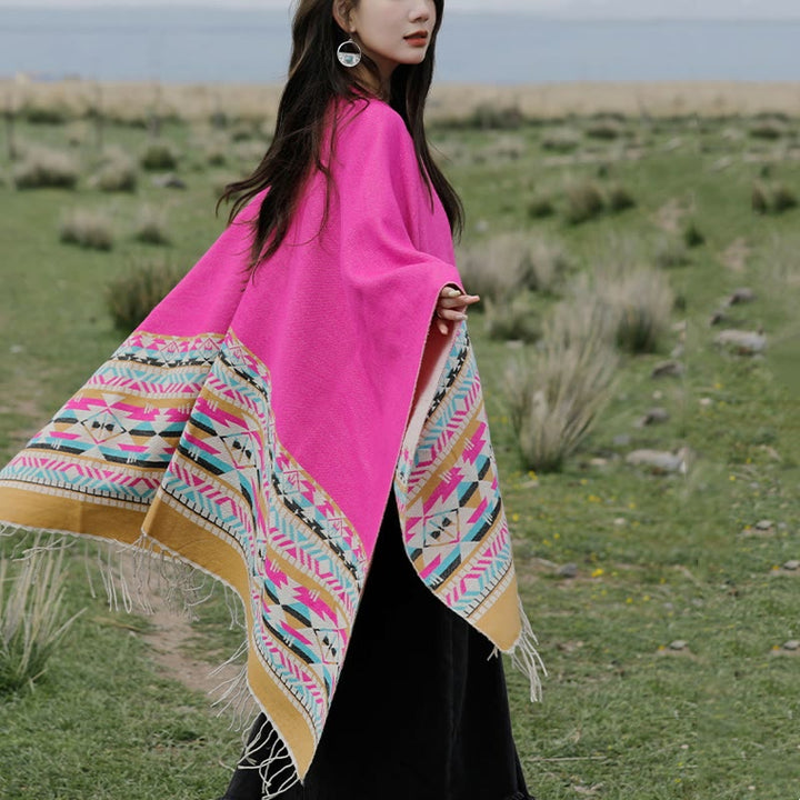 Buddha Stones Tybetański Geometryczny Wzór Rombów Chwosty Szal Jesień Zima Ciepły Przytulny Szalik Otulacz - image 43