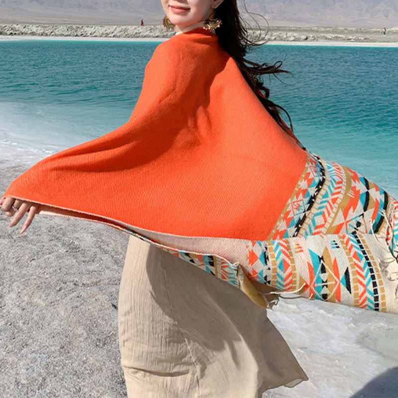 Buddha Stones Tybetański Geometryczny Wzór Rombów Chwosty Szal Jesień Zima Ciepły Przytulny Szalik Otulacz - image 35