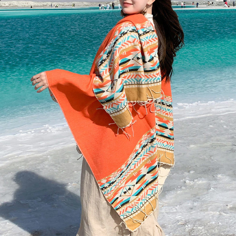 Buddha Stones Tybetański Geometryczny Wzór Rombów Chwosty Szal Jesień Zima Ciepły Przytulny Szalik Otulacz - image 37