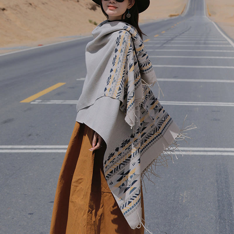 Buddha Stones Tybetański Geometryczny Wzór Rombów Chwosty Szal Jesień Zima Ciepły Przytulny Szalik Otulacz - image 17