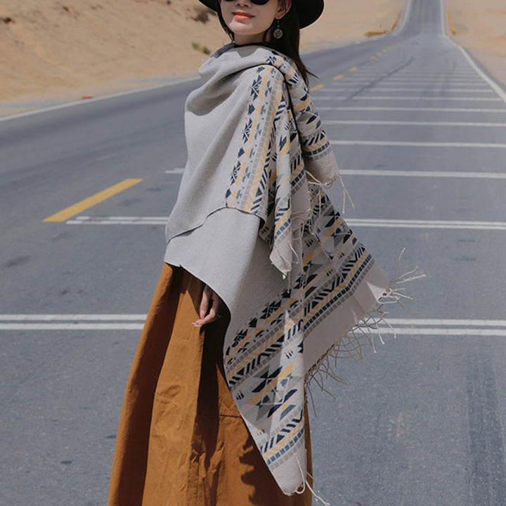 Buddha Stones Tybetański Geometryczny Wzór Rombów Chwosty Szal Jesień Zima Ciepły Przytulny Szalik Otulacz - image 17