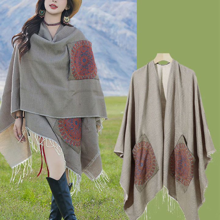 Buddha Stones Tybetański Geometryczny Okrągły Wzór Mandali Chwosty Szal Jesień Zima Przytulny Szalik Otulacz Z Kieszeniami - image 32