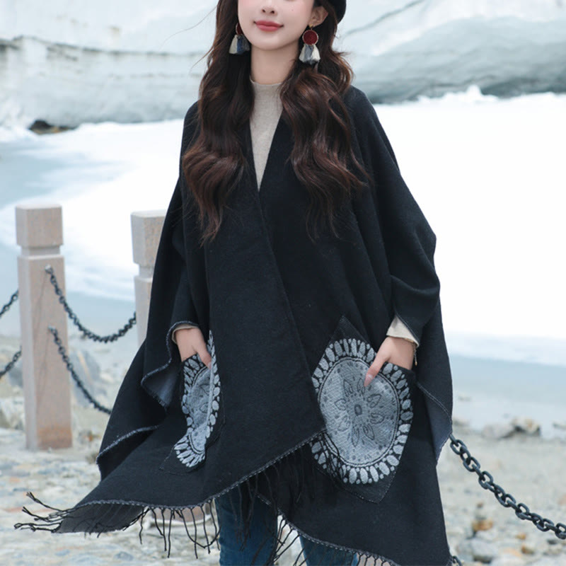 Buddha Stones Tybetański Geometryczny Okrągły Wzór Mandali Chwosty Szal Jesień Zima Przytulny Szalik Otulacz Z Kieszeniami - image 9