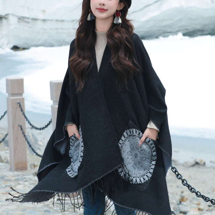 Buddha Stones Tybetański Geometryczny Okrągły Wzór Mandali Chwosty Szal Jesień Zima Przytulny Szalik Otulacz Z Kieszeniami - image 9