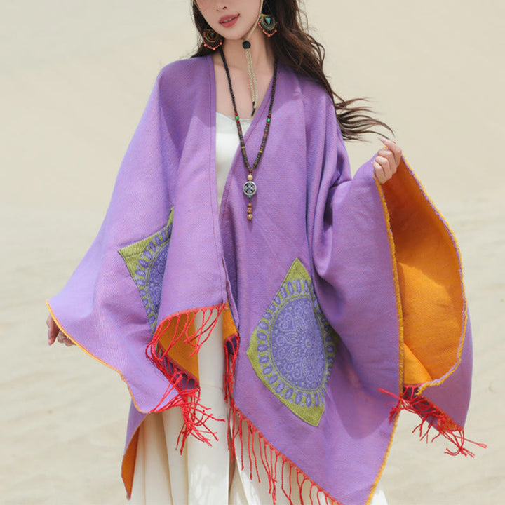 Buddha Stones Tybetański Geometryczny Okrągły Wzór Mandali Chwosty Szal Jesień Zima Przytulny Szalik Otulacz Z Kieszeniami - image 42