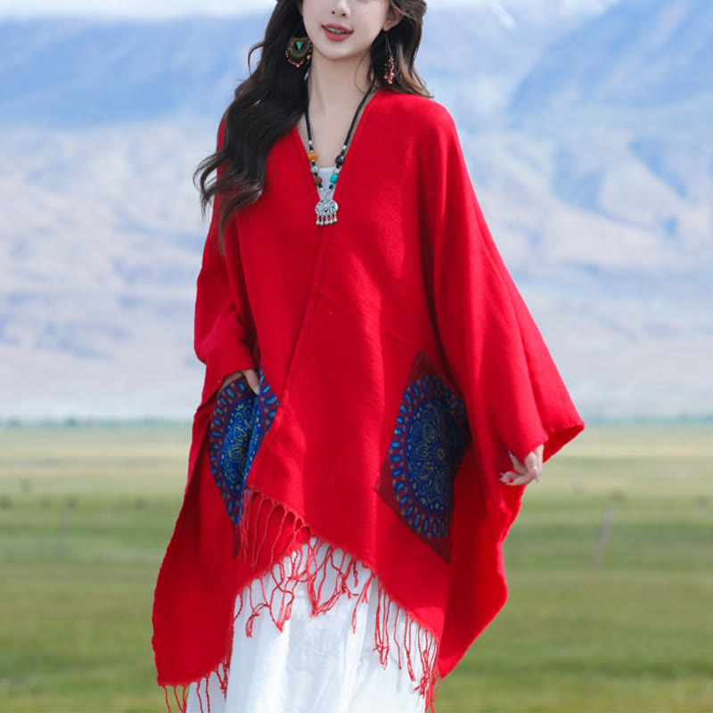 Buddha Stones Tybetański Geometryczny Okrągły Wzór Mandali Chwosty Szal Jesień Zima Przytulny Szalik Otulacz Z Kieszeniami - image 2