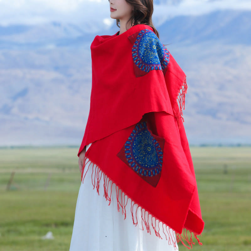 Buddha Stones Tybetański Geometryczny Okrągły Wzór Mandali Chwosty Szal Jesień Zima Przytulny Szalik Otulacz Z Kieszeniami - image 3