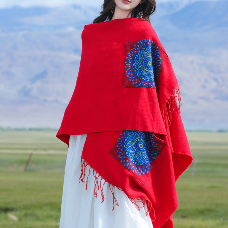 Buddha Stones Tybetański Geometryczny Okrągły Wzór Mandali Chwosty Szal Jesień Zima Przytulny Szalik Otulacz Z Kieszeniami - Czerwony - 140*155 cm - image 0