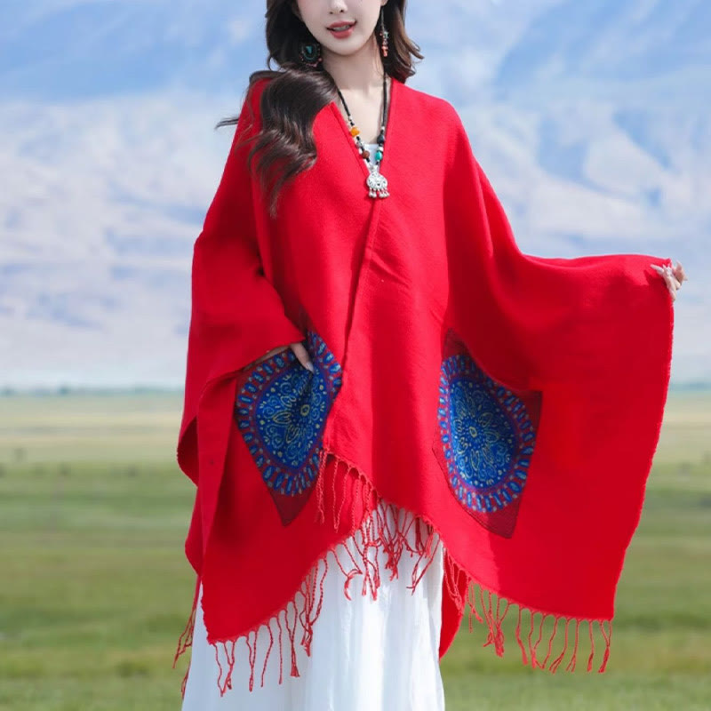 Buddha Stones Tybetański Geometryczny Okrągły Wzór Mandali Chwosty Szal Jesień Zima Przytulny Szalik Otulacz Z Kieszeniami - image 1