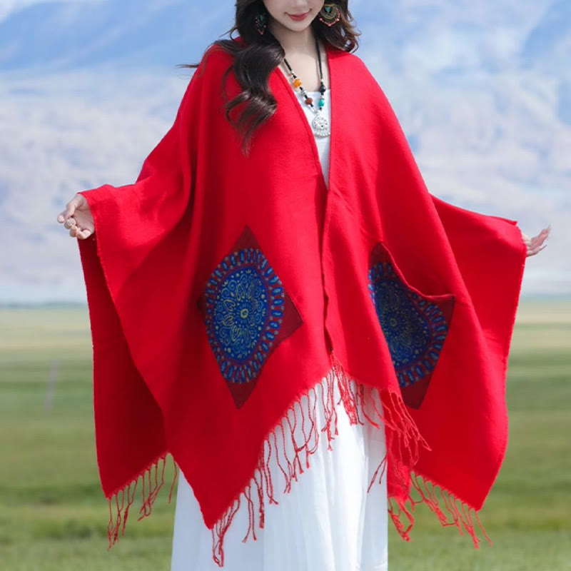 Buddha Stones Tybetański Geometryczny Okrągły Wzór Mandali Chwosty Szal Jesień Zima Przytulny Szalik Otulacz Z Kieszeniami - image 4