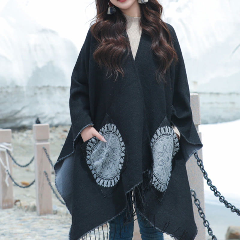 Buddha Stones Tybetański Geometryczny Okrągły Wzór Mandali Chwosty Szal Jesień Zima Przytulny Szalik Otulacz Z Kieszeniami - Czarny - 140*155 cm - image 6
