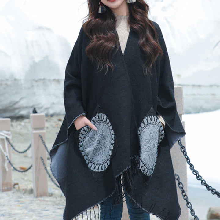Buddha Stones Tybetański Geometryczny Okrągły Wzór Mandali Chwosty Szal Jesień Zima Przytulny Szalik Otulacz Z Kieszeniami - Czarny - 140*155 cm - image 6