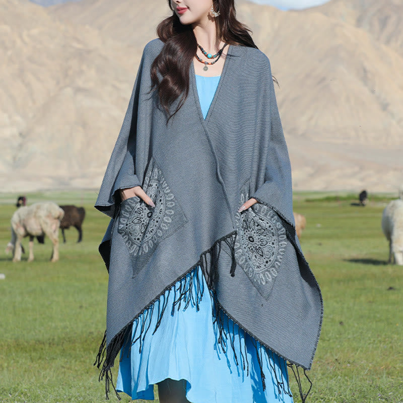 Buddha Stones Tybetański Geometryczny Okrągły Wzór Mandali Chwosty Szal Jesień Zima Przytulny Szalik Otulacz Z Kieszeniami - Szary - 140*155 cm - image 14