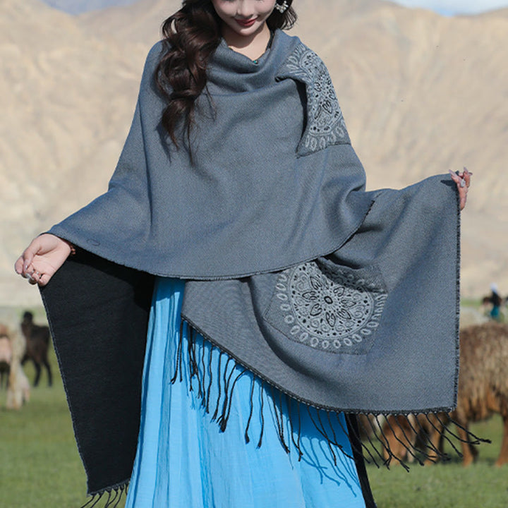 Buddha Stones Tybetański Geometryczny Okrągły Wzór Mandali Chwosty Szal Jesień Zima Przytulny Szalik Otulacz Z Kieszeniami - image 15