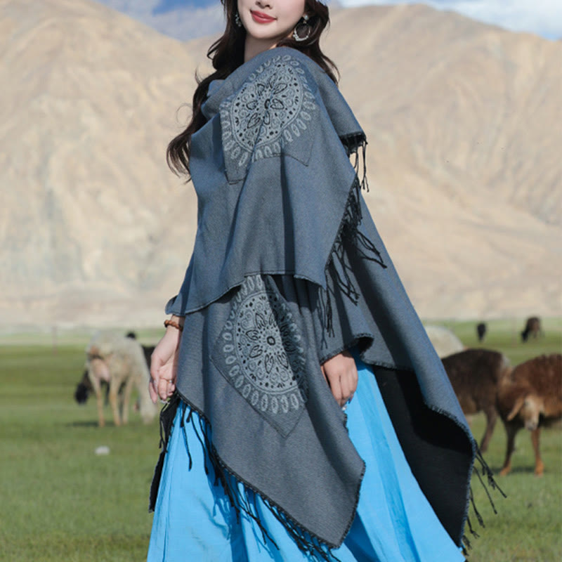 Buddha Stones Tybetański Geometryczny Okrągły Wzór Mandali Chwosty Szal Jesień Zima Przytulny Szalik Otulacz Z Kieszeniami - image 17