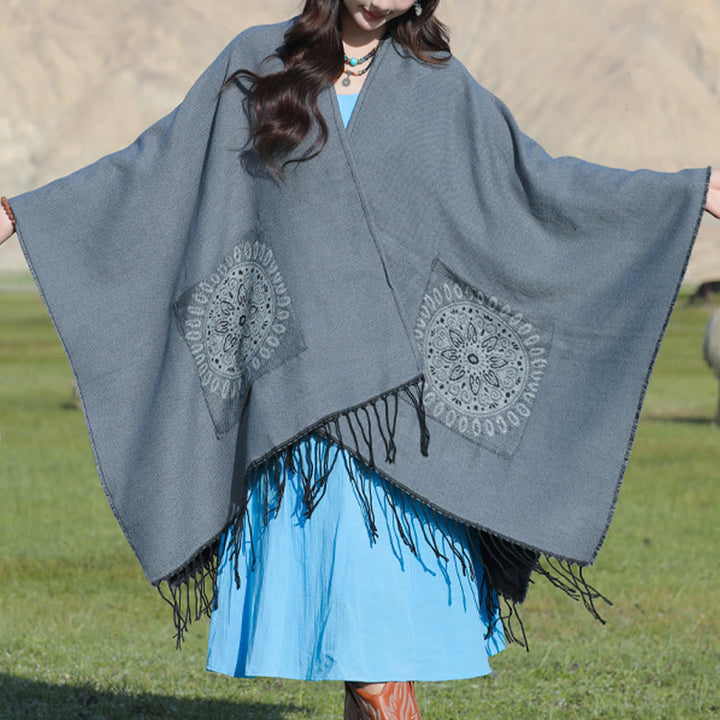 Buddha Stones Tybetański Geometryczny Okrągły Wzór Mandali Chwosty Szal Jesień Zima Przytulny Szalik Otulacz Z Kieszeniami - image 18