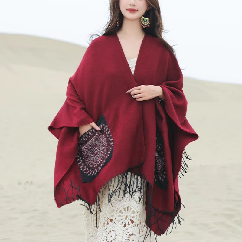 Buddha Stones Tybetański Geometryczny Okrągły Wzór Mandali Chwosty Szal Jesień Zima Przytulny Szalik Otulacz Z Kieszeniami - Cegła ogniotrwała - 140*155 cm - image 22