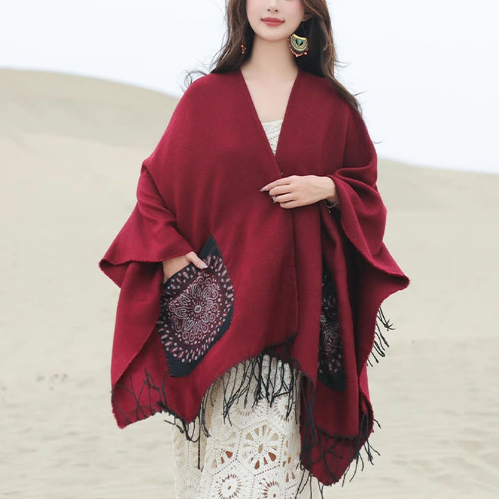 Buddha Stones Tybetański Geometryczny Okrągły Wzór Mandali Chwosty Szal Jesień Zima Przytulny Szalik Otulacz Z Kieszeniami - Cegła ogniotrwała - 140*155 cm - image 22