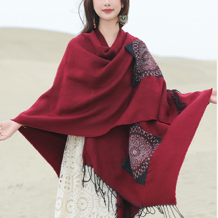 Buddha Stones Tybetański Geometryczny Okrągły Wzór Mandali Chwosty Szal Jesień Zima Przytulny Szalik Otulacz Z Kieszeniami - image 23