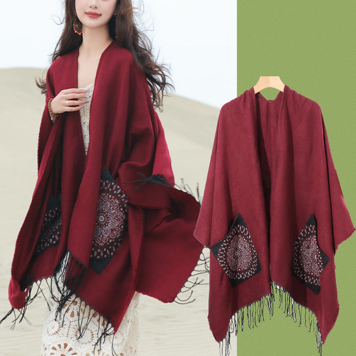 Buddha Stones Tybetański Geometryczny Okrągły Wzór Mandali Chwosty Szal Jesień Zima Przytulny Szalik Otulacz Z Kieszeniami - image 25