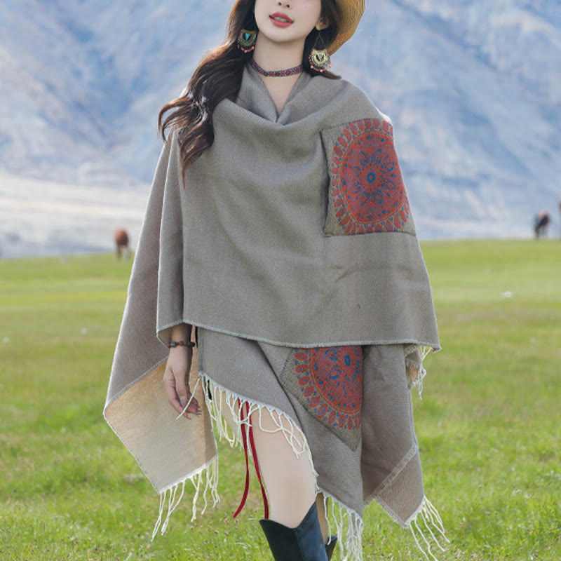 Buddha Stones Tybetański Geometryczny Okrągły Wzór Mandali Chwosty Szal Jesień Zima Przytulny Szalik Otulacz Z Kieszeniami - Ciemny Khaki - 140*155 cm - image 27