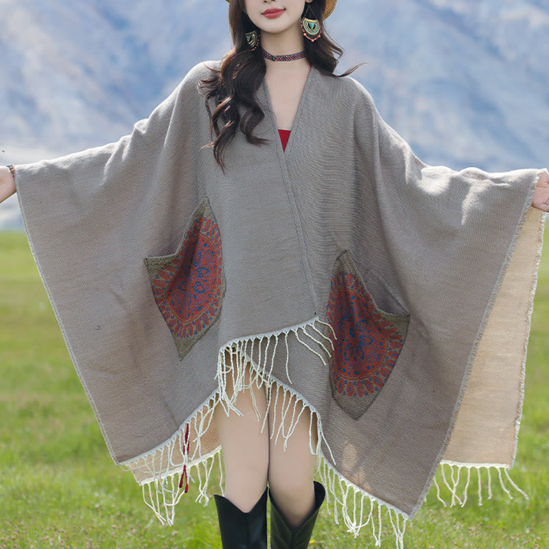 Buddha Stones Tybetański Geometryczny Okrągły Wzór Mandali Chwosty Szal Jesień Zima Przytulny Szalik Otulacz Z Kieszeniami - image 29