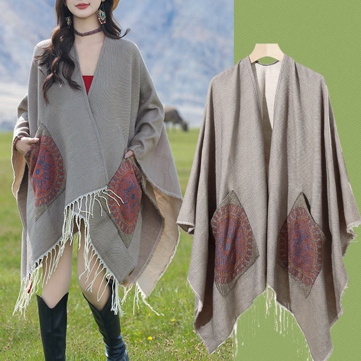 Buddha Stones Tybetański Geometryczny Okrągły Wzór Mandali Chwosty Szal Jesień Zima Przytulny Szalik Otulacz Z Kieszeniami - image 31