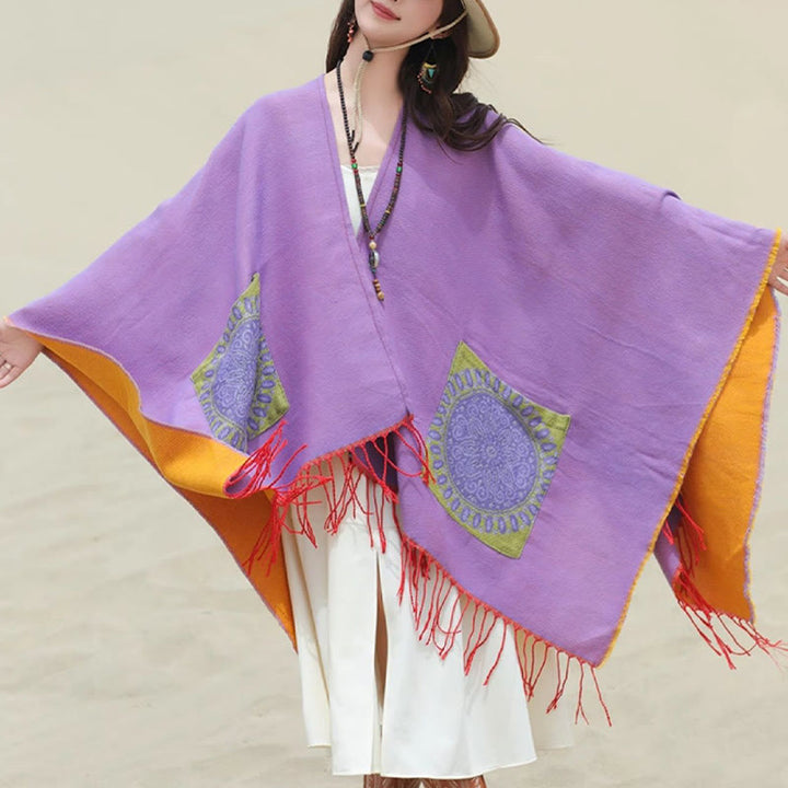 Buddha Stones Tybetański Geometryczny Okrągły Wzór Mandali Chwosty Szal Jesień Zima Przytulny Szalik Otulacz Z Kieszeniami - image 41