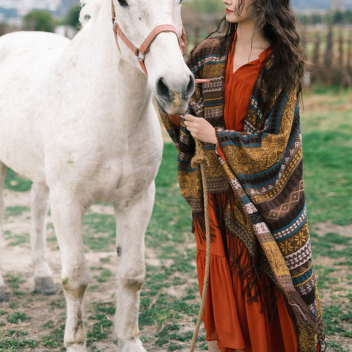 Buddha Stones Tybetańskie Geometryczne Poziome Paski Kwiatowe Liście Frędzle Szal Jesień Zima Przytulny Szalik Otulacz - Sienna 130*150cm - image 9