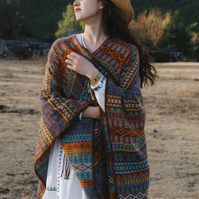 Buddha Stones Tybetańskie Geometryczne Poziome Paski Kwiatowe Liście Frędzle Szal Jesień Zima Przytulny Szalik Otulacz - image 2