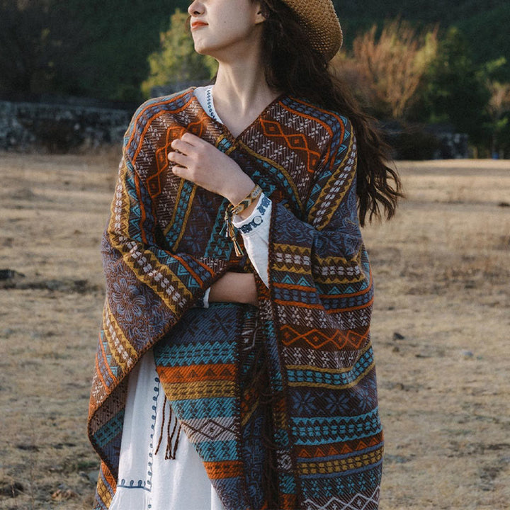 Buddha Stones Tybetańskie Geometryczne Poziome Paski Kwiatowe Liście Frędzle Szal Jesień Zima Przytulny Szalik Otulacz - image 2