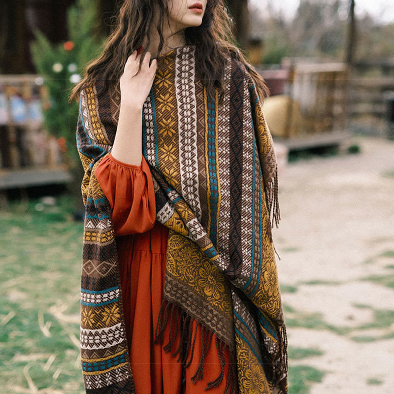 Buddha Stones Tybetańskie Geometryczne Poziome Paski Kwiatowe Liście Frędzle Szal Jesień Zima Przytulny Szalik Otulacz - image 11