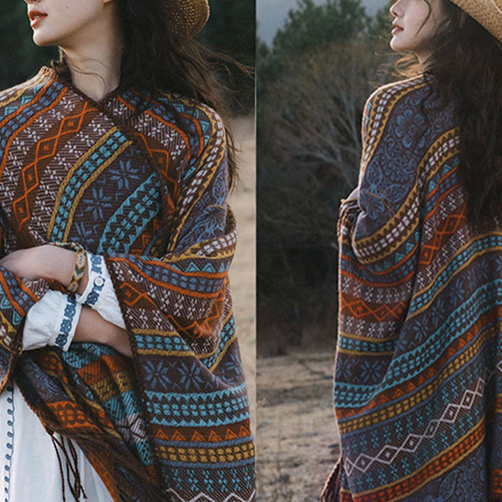 Buddha Stones Tybetańskie Geometryczne Poziome Paski Kwiatowe Liście Frędzle Szal Jesień Zima Przytulny Szalik Otulacz - image 8