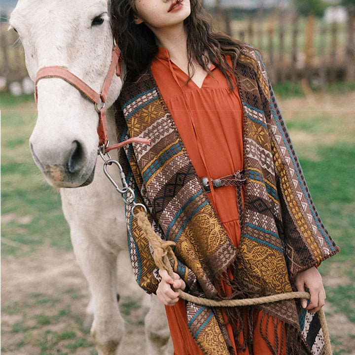 Buddha Stones Tybetańskie Geometryczne Poziome Paski Kwiatowe Liście Frędzle Szal Jesień Zima Przytulny Szalik Otulacz - image 12