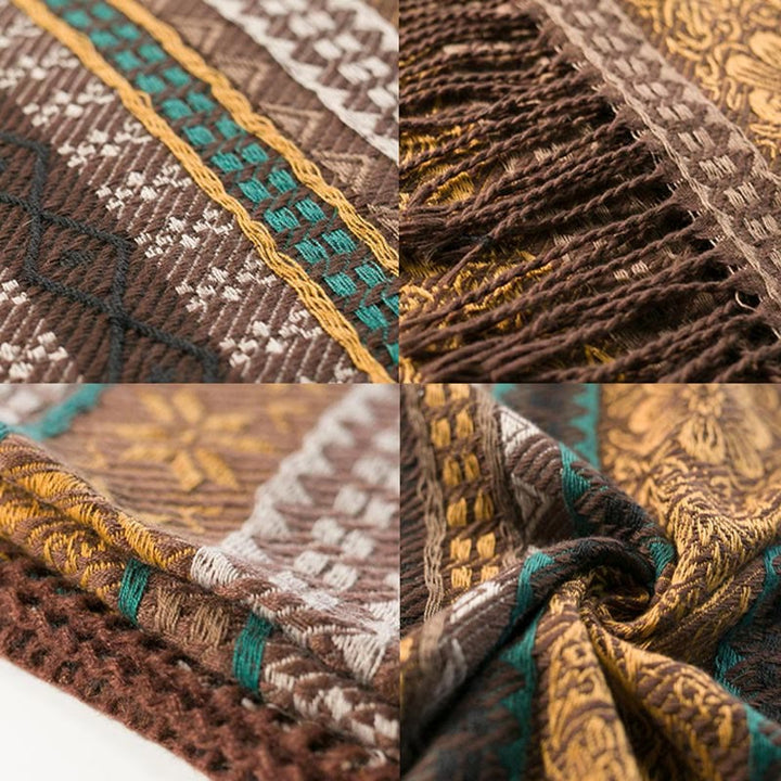 Buddha Stones Tybetańskie Geometryczne Poziome Paski Kwiatowe Liście Frędzle Szal Jesień Zima Przytulny Szalik Otulacz - image 14