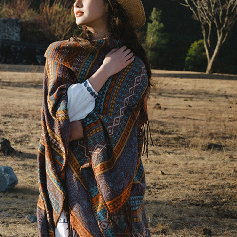 Buddha Stones Tybetańskie Geometryczne Poziome Paski Kwiatowe Liście Frędzle Szal Jesień Zima Przytulny Szalik Otulacz - image 5