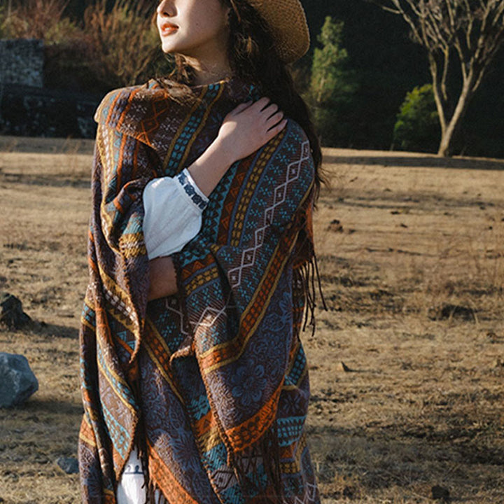 Buddha Stones Tybetańskie Geometryczne Poziome Paski Kwiatowe Liście Frędzle Szal Jesień Zima Przytulny Szalik Otulacz - image 5