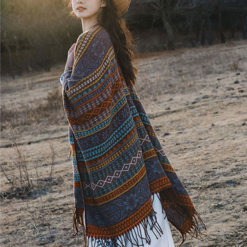 Buddha Stones Tybetańskie Geometryczne Poziome Paski Kwiatowe Liście Frędzle Szal Jesień Zima Przytulny Szalik Otulacz - image 4