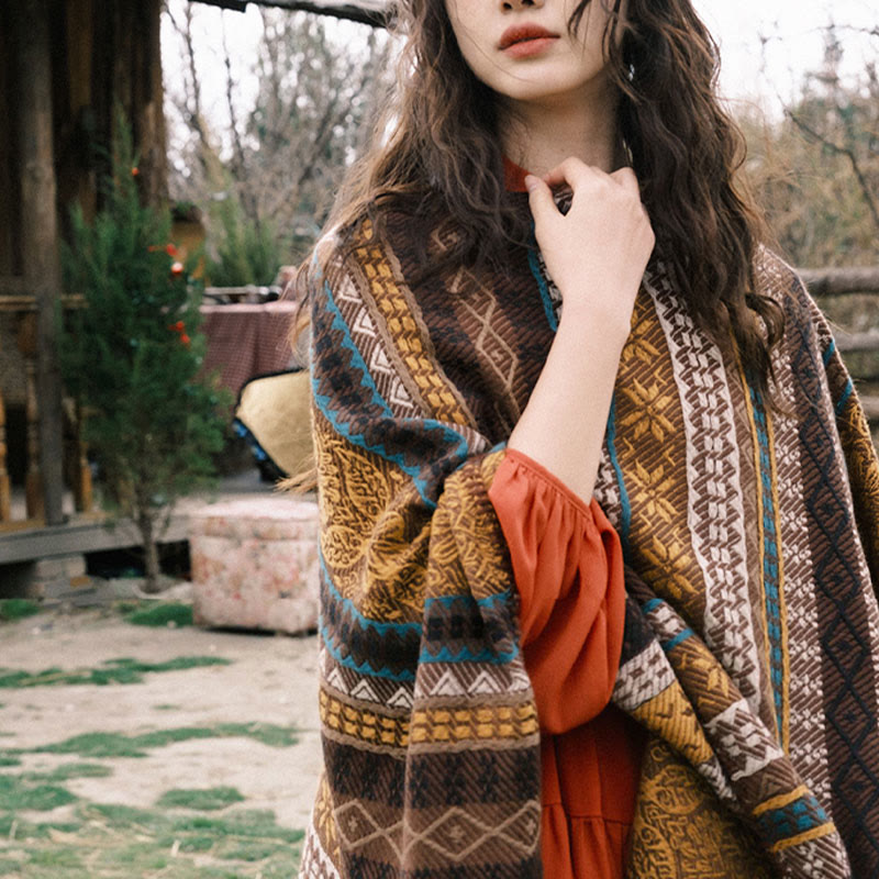 Buddha Stones Tybetańskie Geometryczne Poziome Paski Kwiatowe Liście Frędzle Szal Jesień Zima Przytulny Szalik Otulacz - image 13