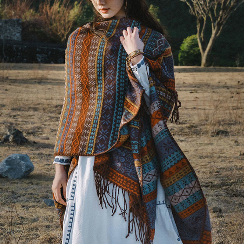 Buddha Stones Tybetańskie Geometryczne Poziome Paski Kwiatowe Liście Frędzle Szal Jesień Zima Przytulny Szalik Otulacz - image 1