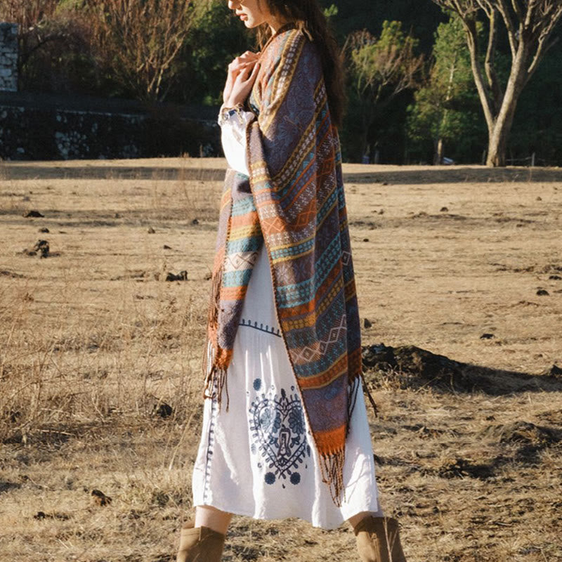 Buddha Stones Tybetańskie Geometryczne Poziome Paski Kwiatowe Liście Frędzle Szal Jesień Zima Przytulny Szalik Otulacz - image 7