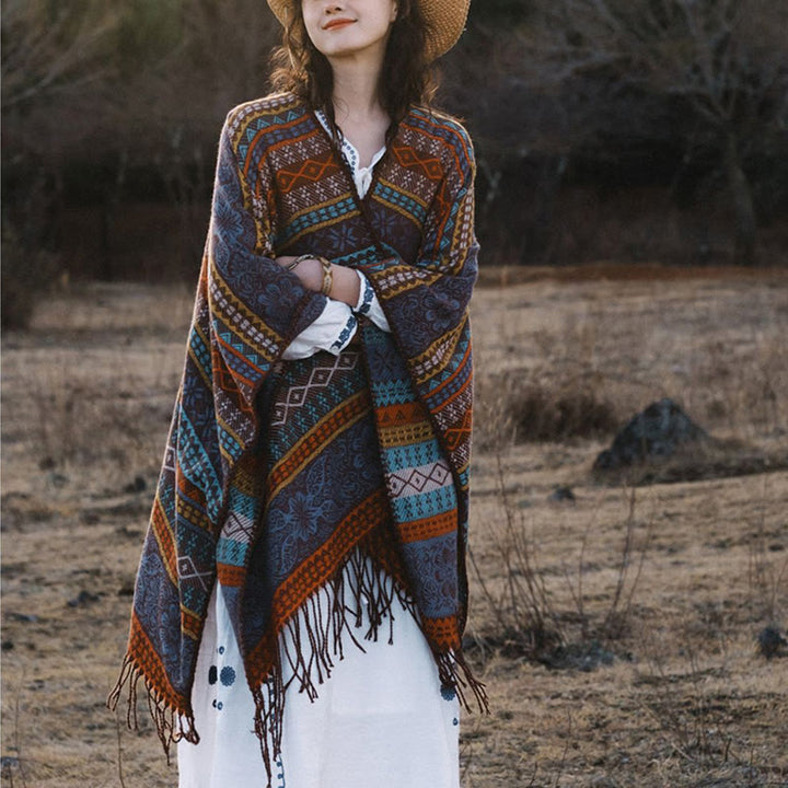 Buddha Stones Tybetańskie Geometryczne Poziome Paski Kwiatowe Liście Frędzle Szal Jesień Zima Przytulny Szalik Otulacz - image 6