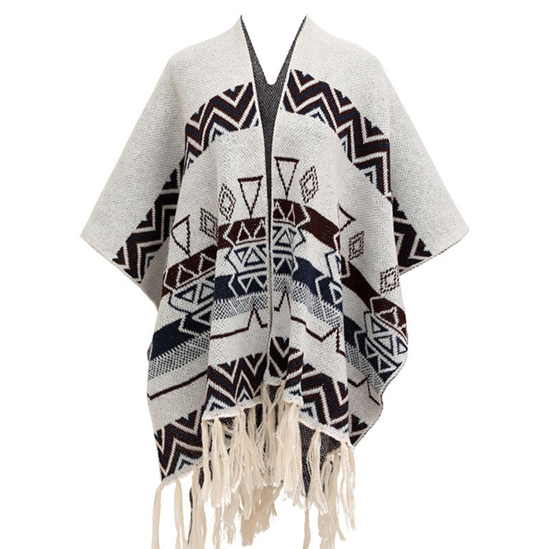 Buddha Stones Tybetańskie Fale Paski Geometria Frędzle Szal Jesień Zima Przytulny Szalik Otulacz - image 21