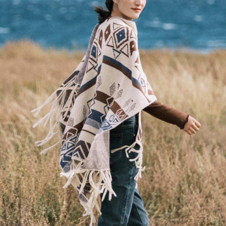 Buddha Stones Tybetańskie Fale Paski Geometria Frędzle Szal Jesień Zima Przytulny Szalik Otulacz - image 15