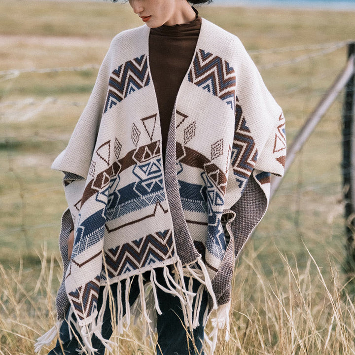 Buddha Stones Tybetańskie Fale Paski Geometria Frędzle Szal Jesień Zima Przytulny Szalik Otulacz - image 1