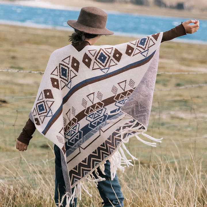 Buddha Stones Tybetańskie Fale Paski Geometria Frędzle Szal Jesień Zima Przytulny Szalik Otulacz - image 2